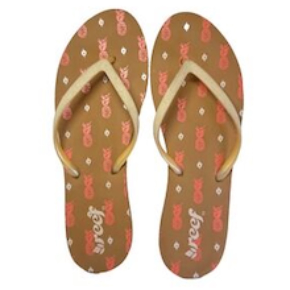 NWOT Reef Women's Tan Stargazer Pineapple Flip Flops w/ Gold Straps size L (8-9)